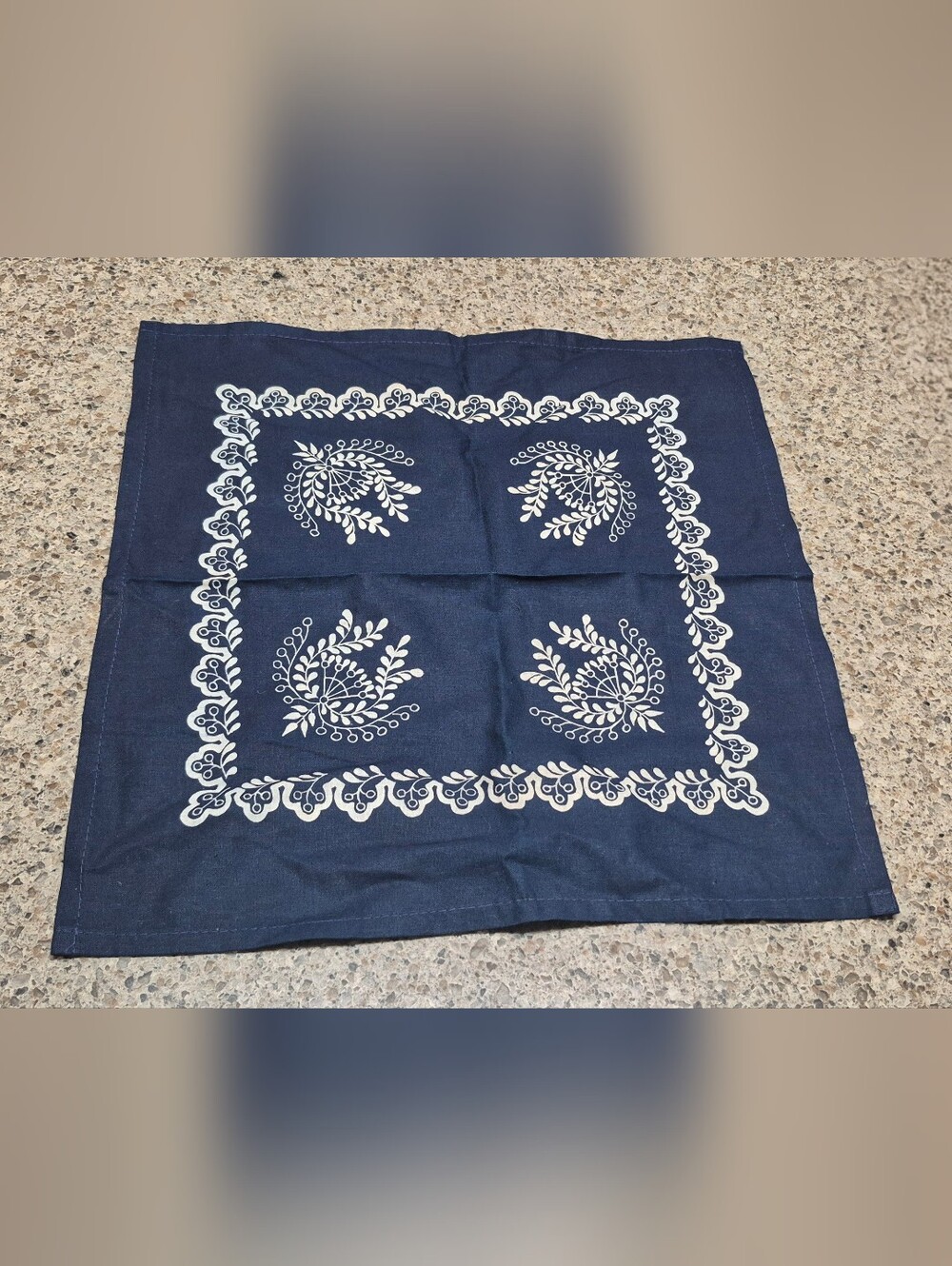 Vintage Style Folk Art Navy Blue Floral Table Scarf Topper Square Cloth Mat 14"